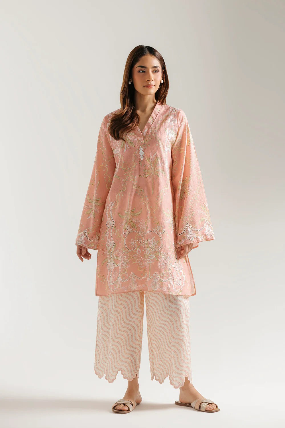 Peach Embroidered Lawn Kurta with Printed Trouser