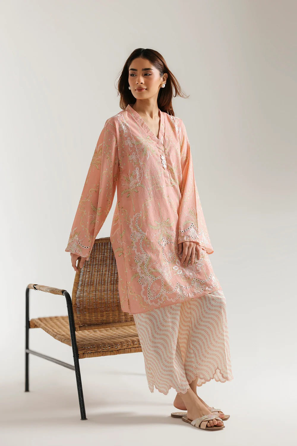 Peach Embroidered Lawn Kurta with Printed Trouser