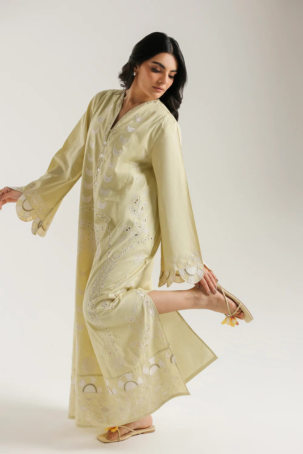 Elegant Pistachio Green Embroidered Lawn Maxi Dress