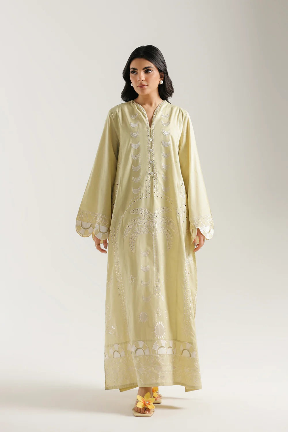 Elegant Pistachio Green Embroidered Lawn Maxi Dress