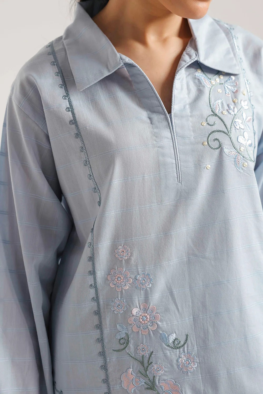 Sky Blue Embroidered Lawn Kurta with White Shalwar