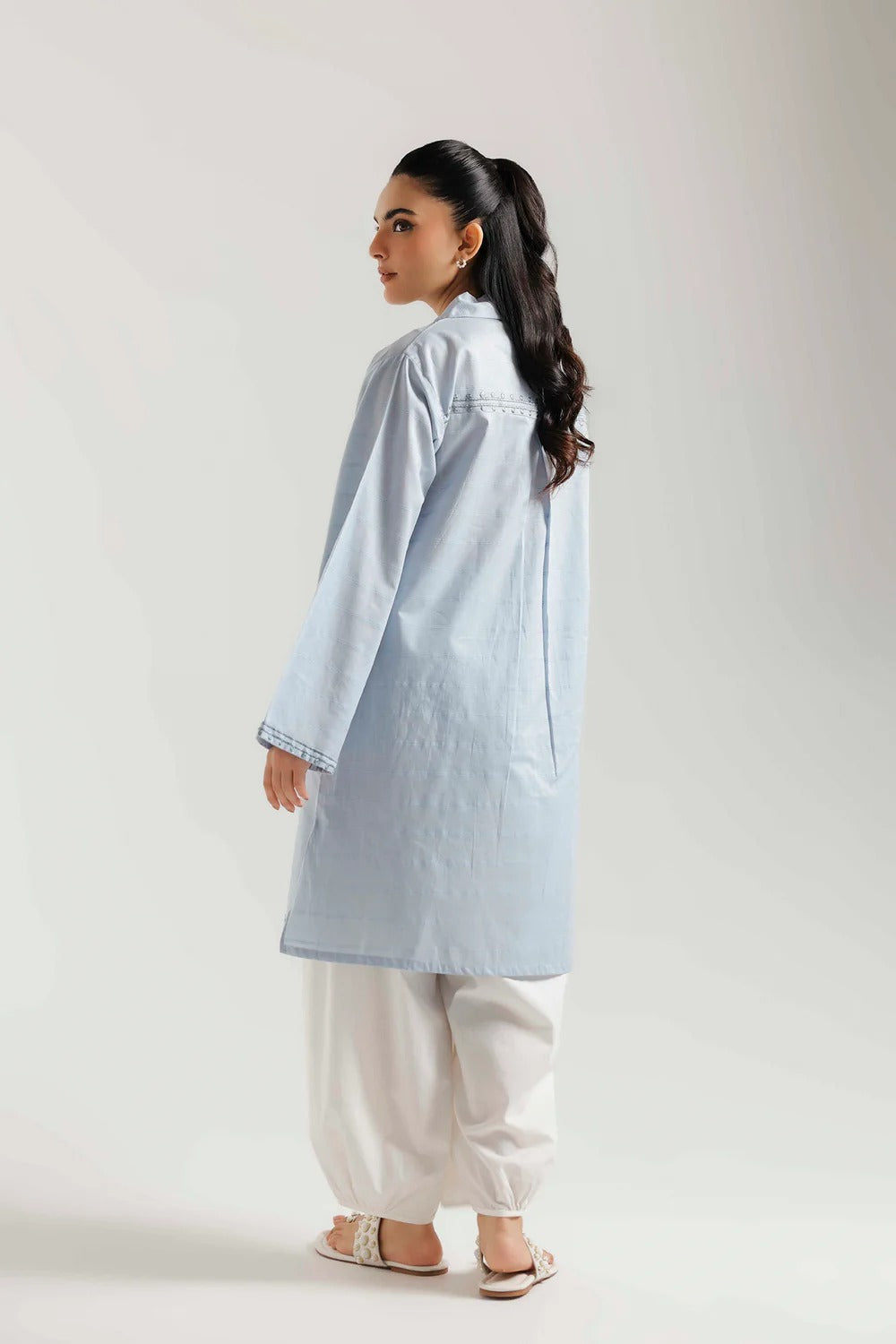 Sky Blue Embroidered Lawn Kurta with White Shalwar