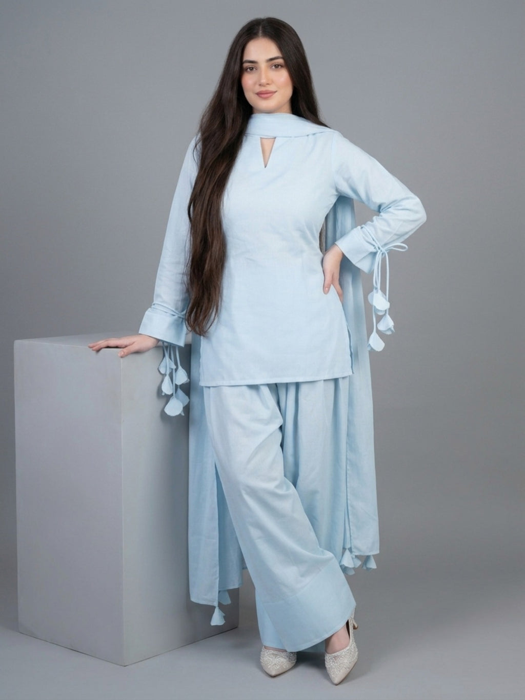 3PC- Sky Blue Tassel Kurta Set