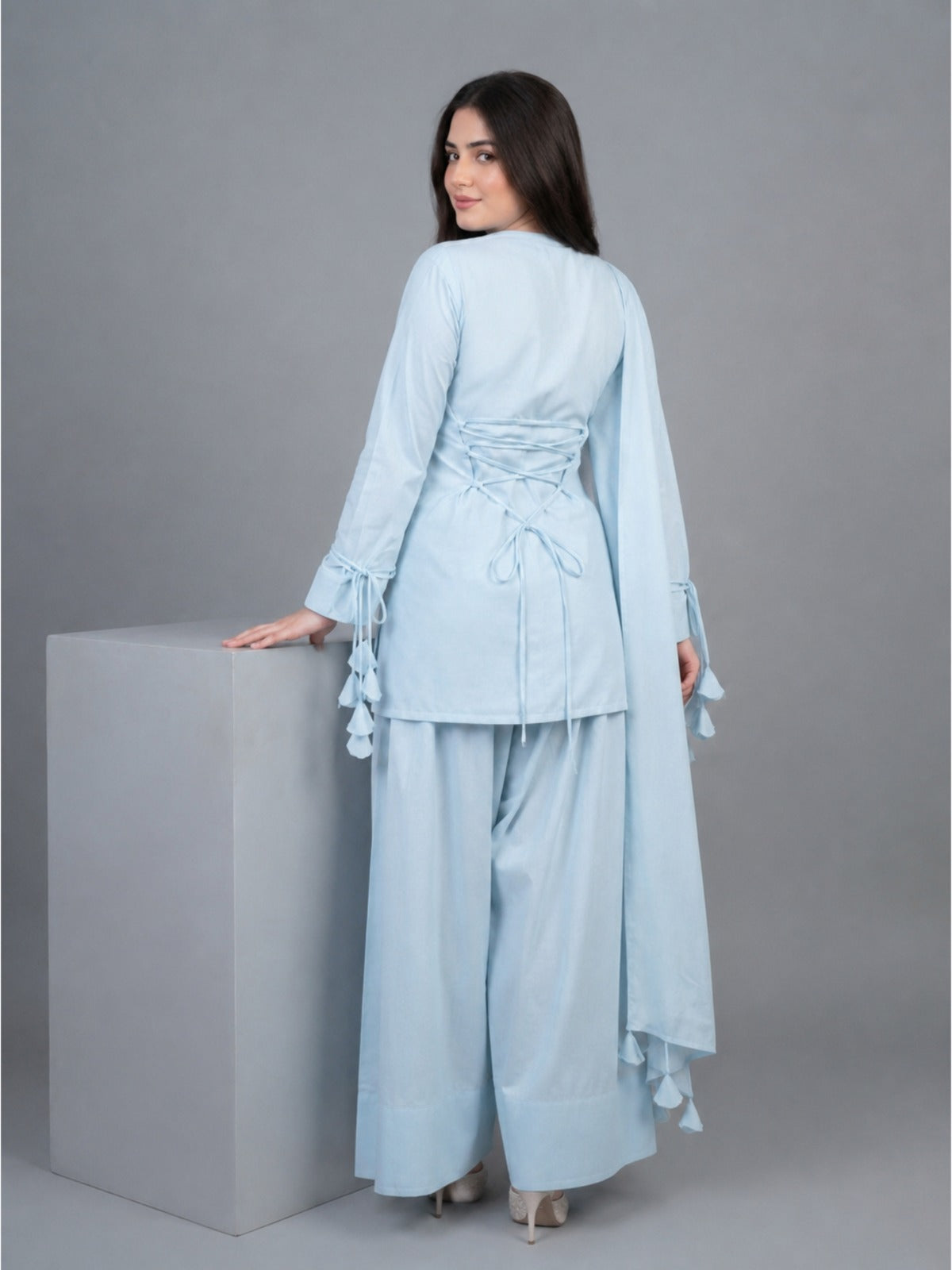 3PC- Sky Blue Tassel Kurta Set
