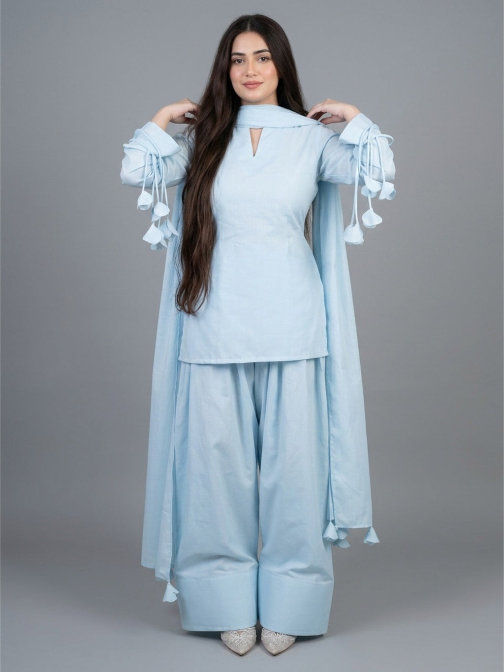 3PC- Sky Blue Tassel Kurta Set