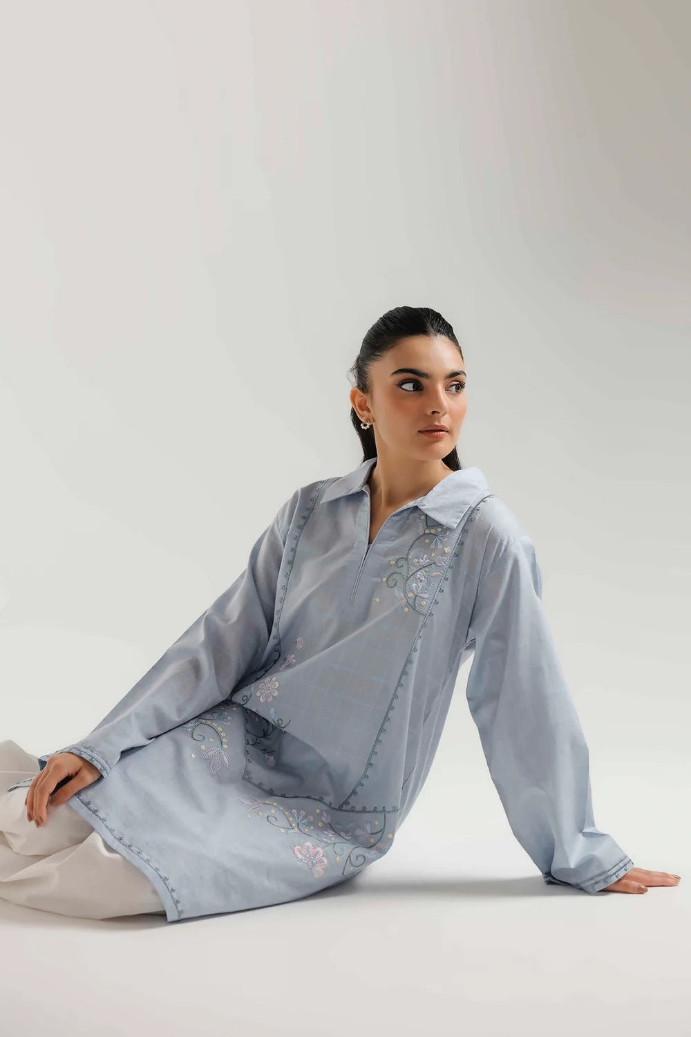 Sky Blue Embroidered Lawn Kurta with White Shalwar