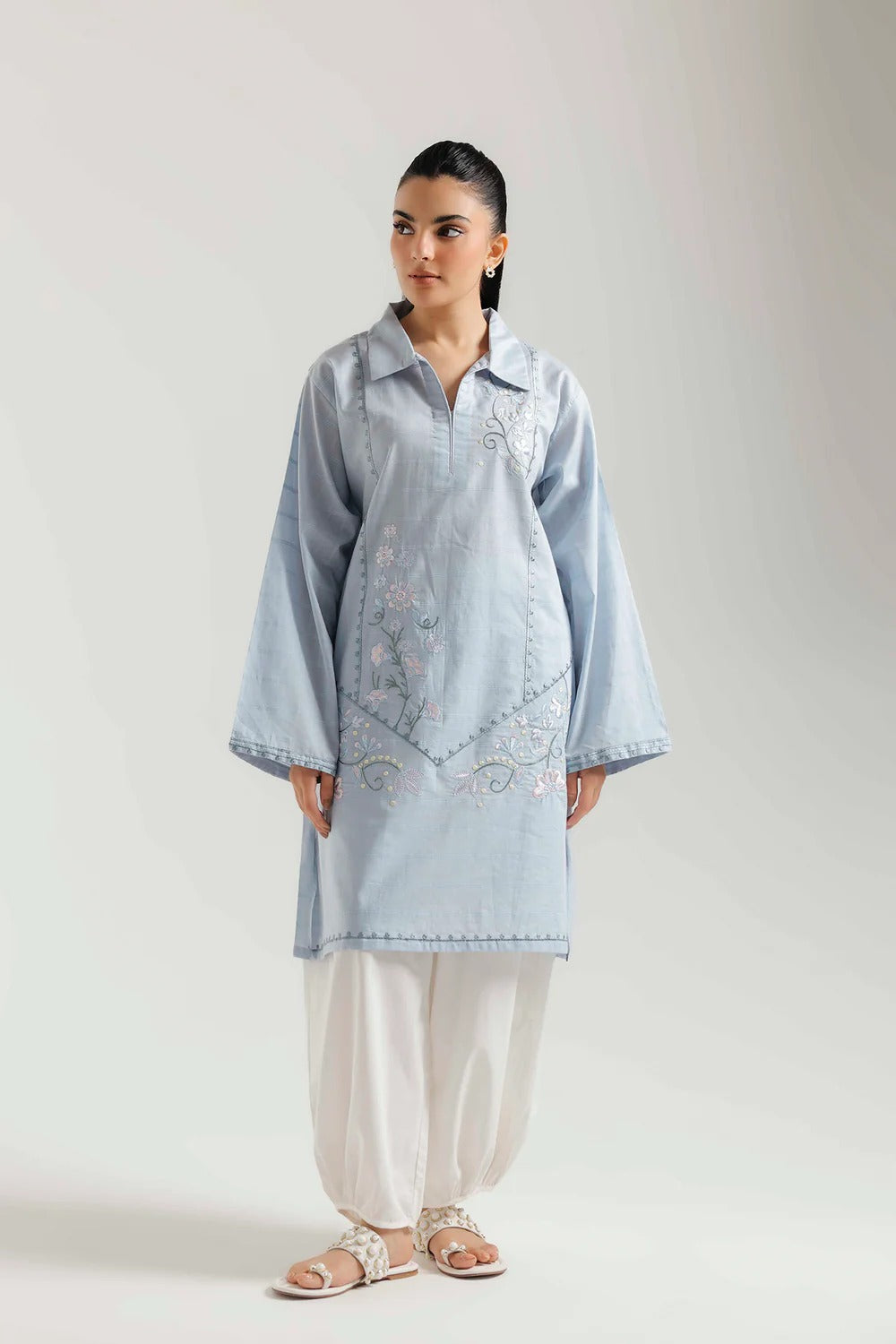 Sky Blue Embroidered Lawn Kurta with White Shalwar