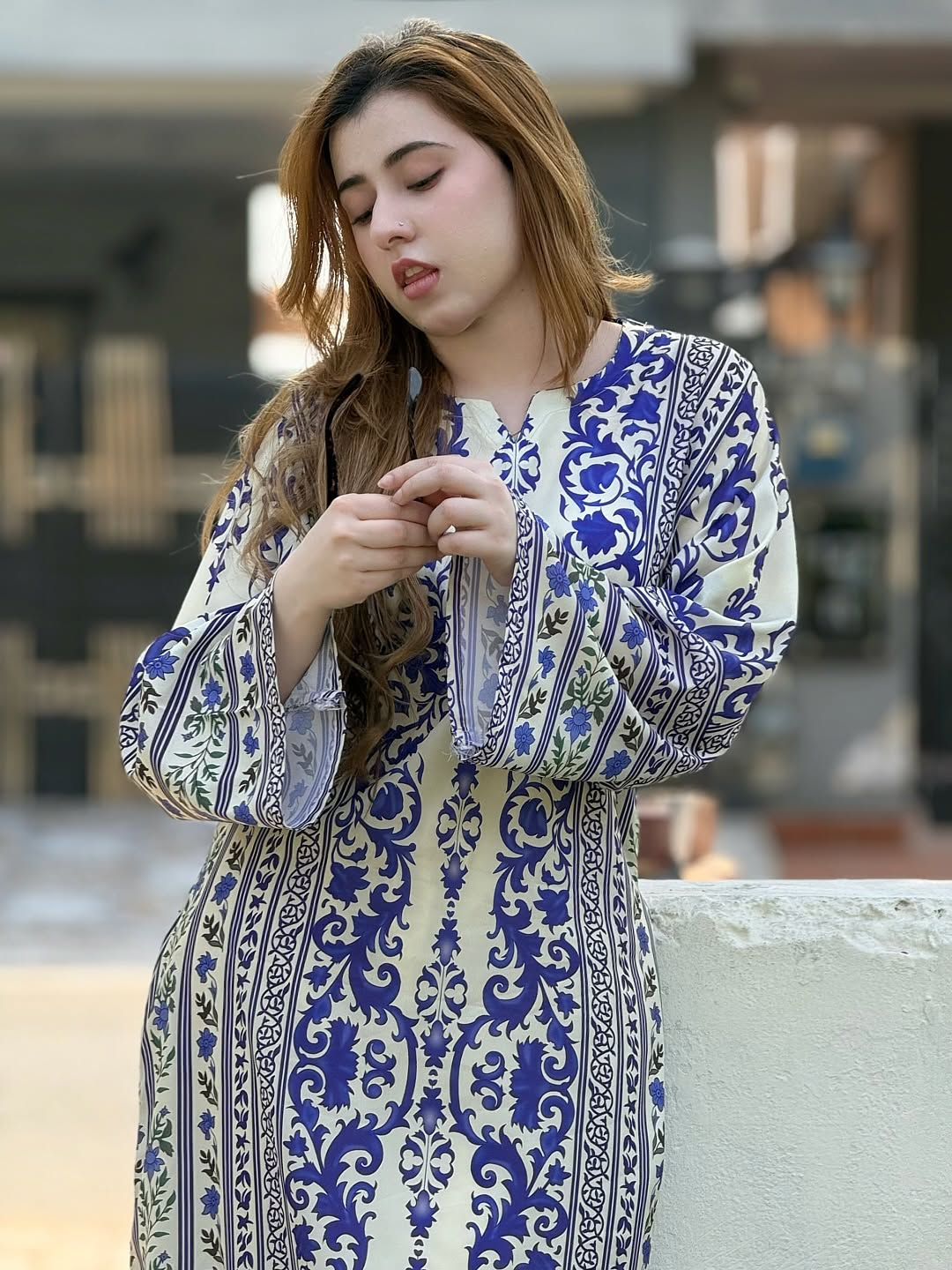 2PC Royal Blue & Ivory Printed Kaftan