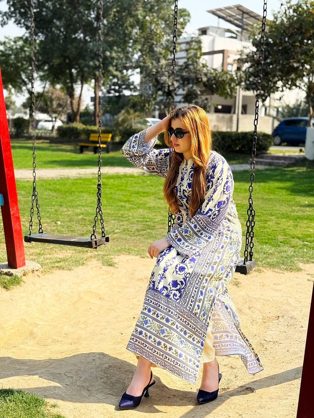 2PC Royal Blue & Ivory Printed Kaftan