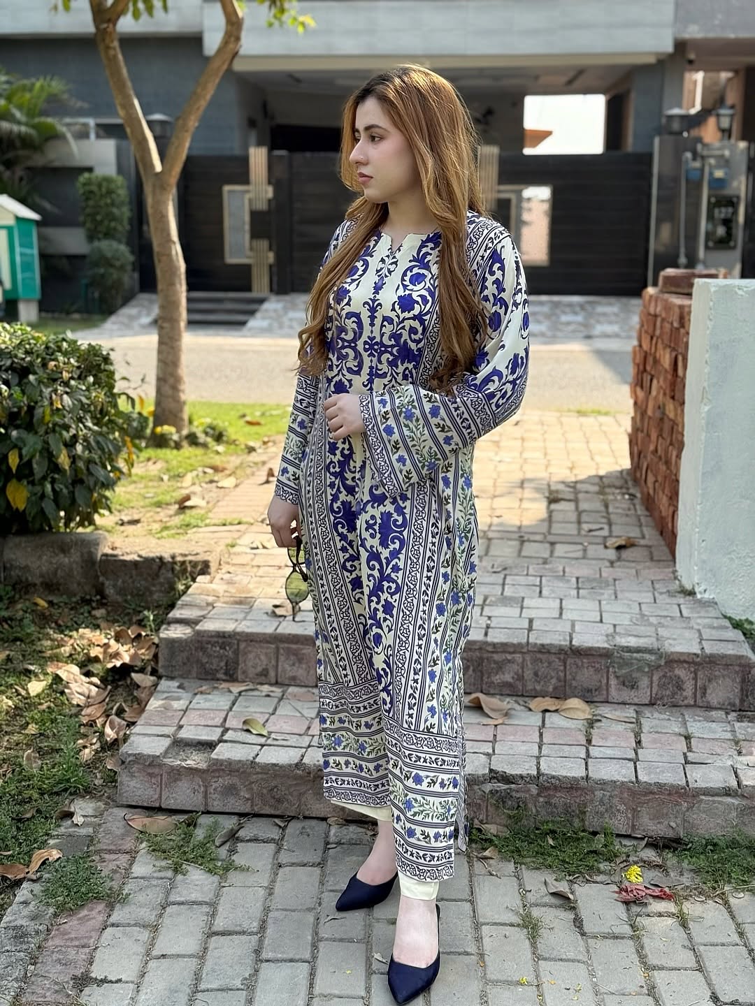 2PC Royal Blue & Ivory Printed Kaftan