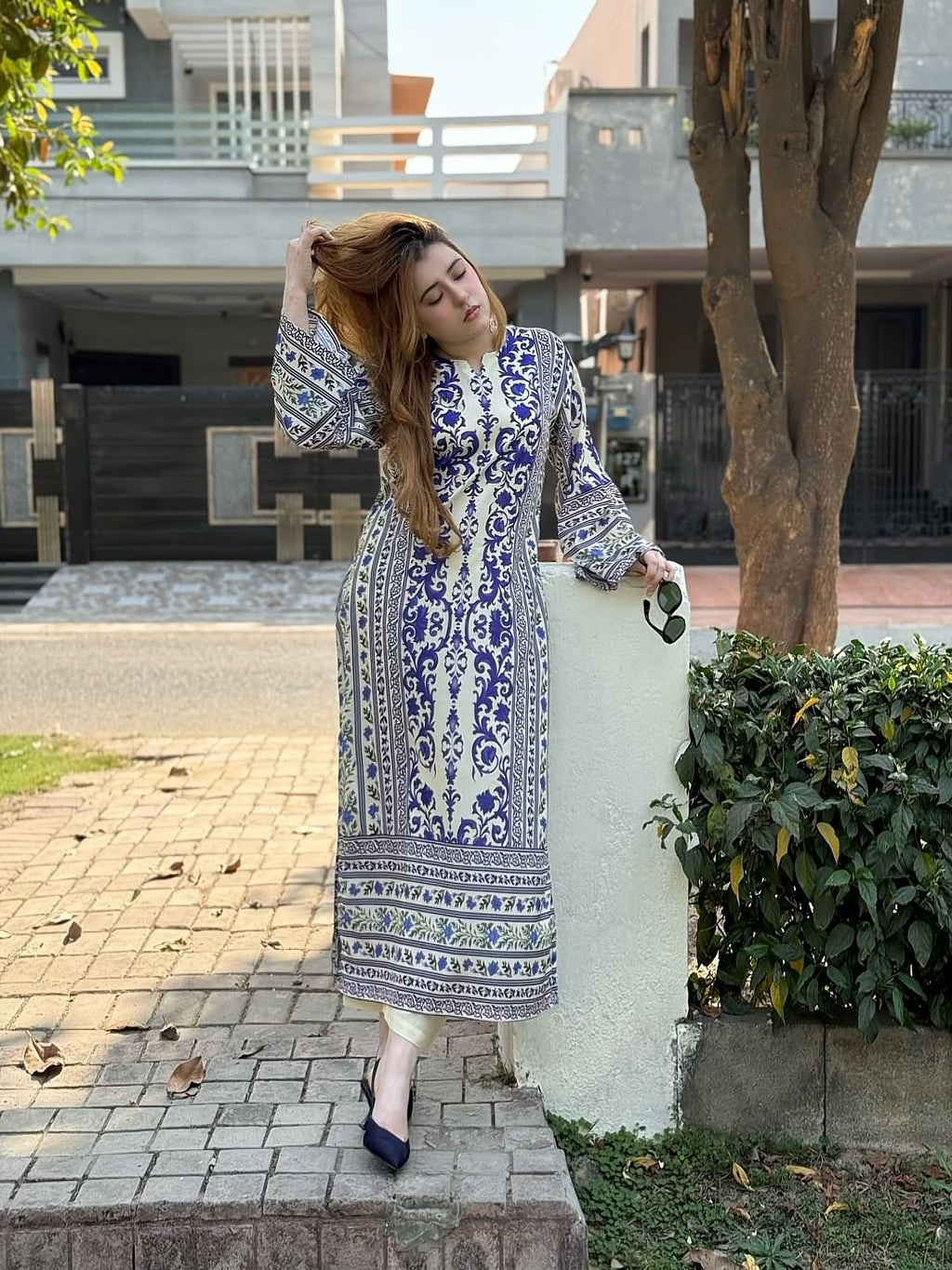 2PC Royal Blue & Ivory Printed Kaftan