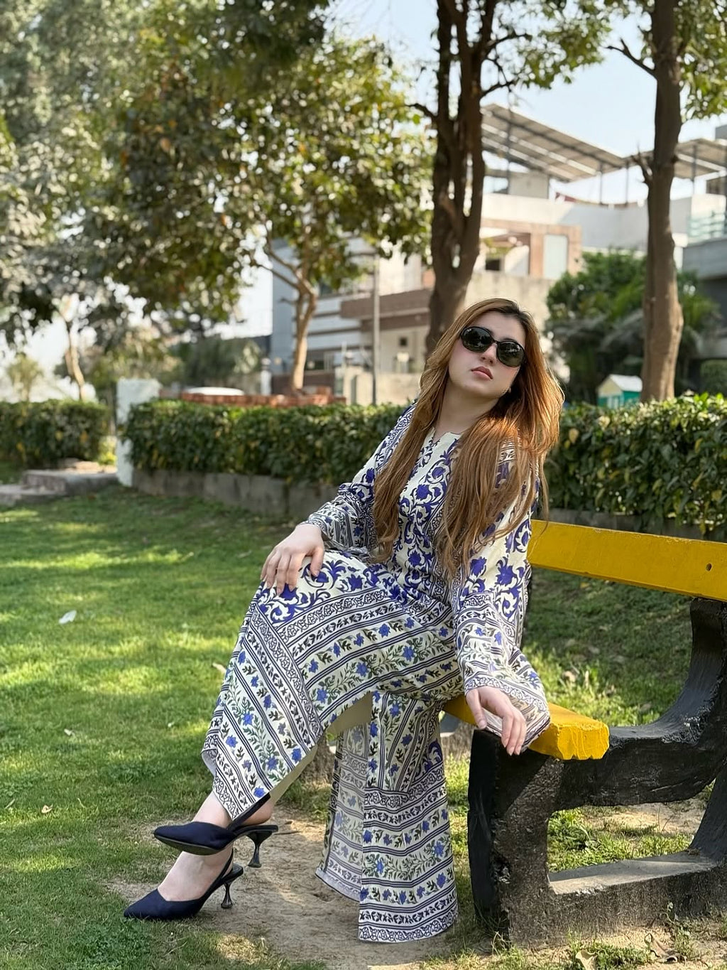 2PC Royal Blue & Ivory Printed Kaftan