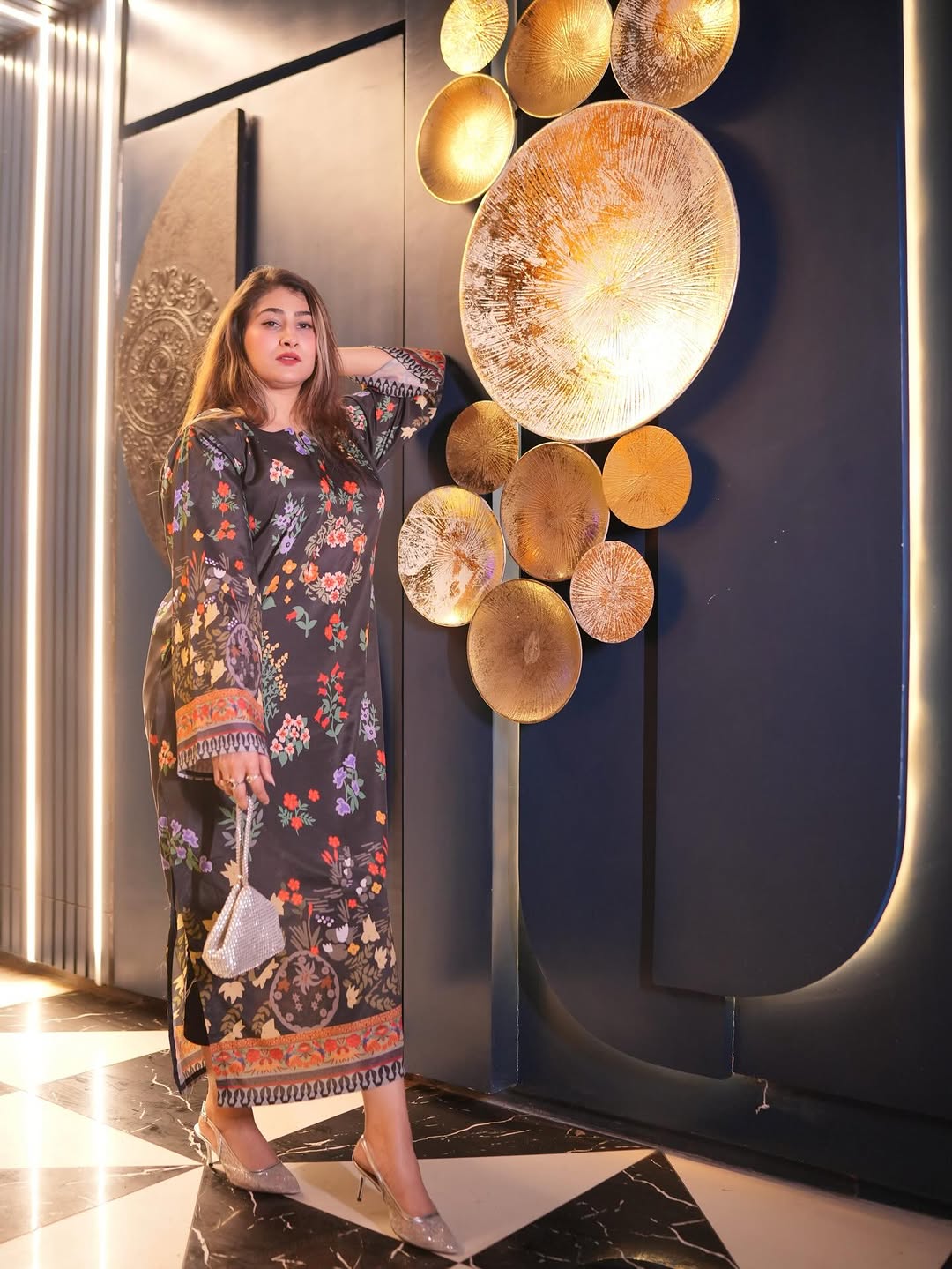 2PC Midnight Black Floral Printed Kaftan